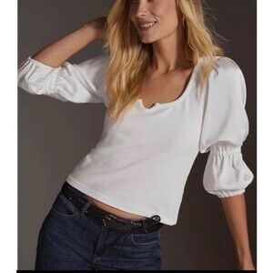 Maeve by Anthropologie Women Blouse Size Small Ribbed Tiered Satin Sleeve White